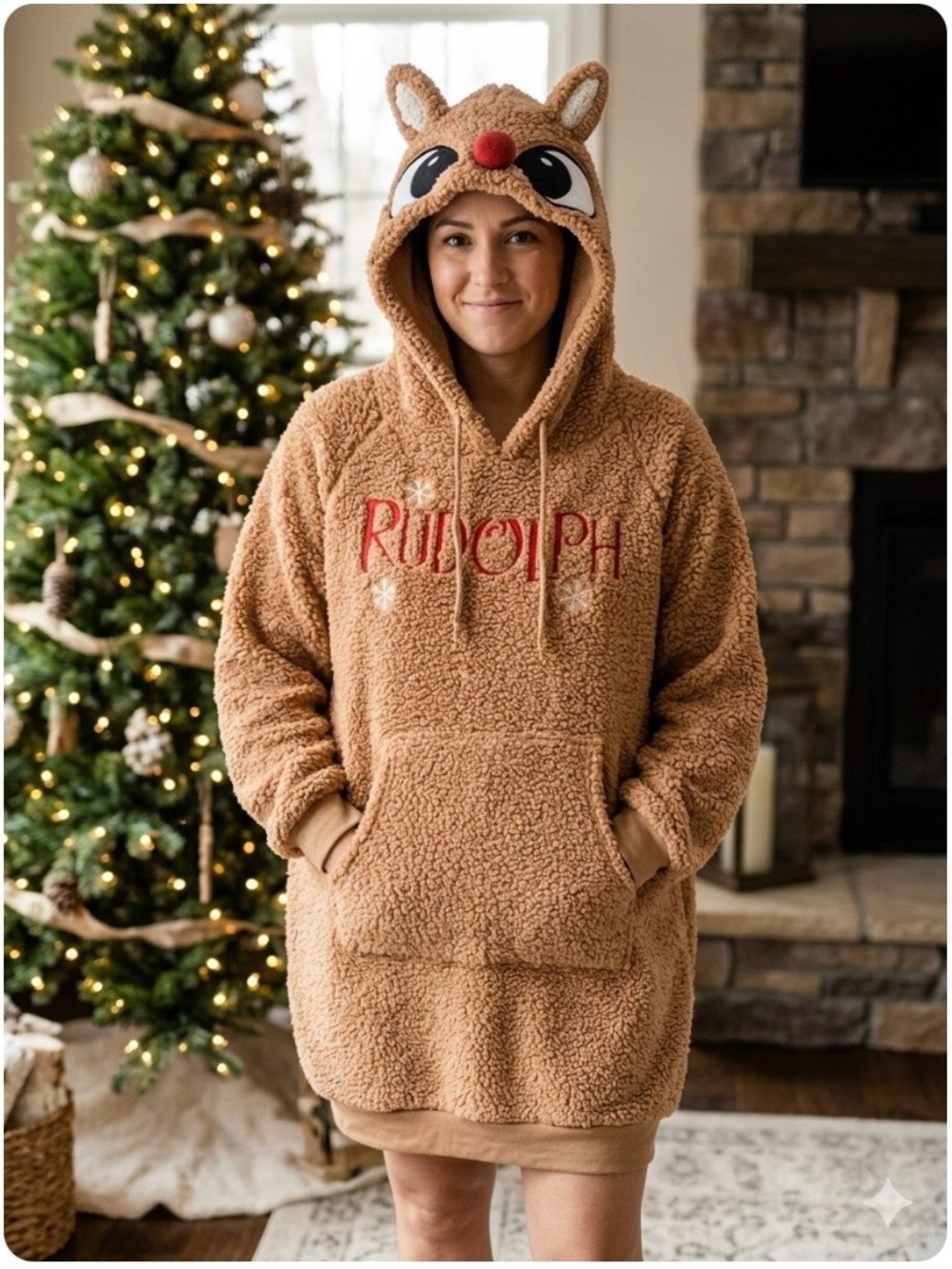 Rudolph Sherpa Hoodie Costume- Adult Size L